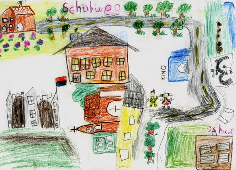 Schulweg - gemalt von Schüler, der zu Fuß zur Schule geht