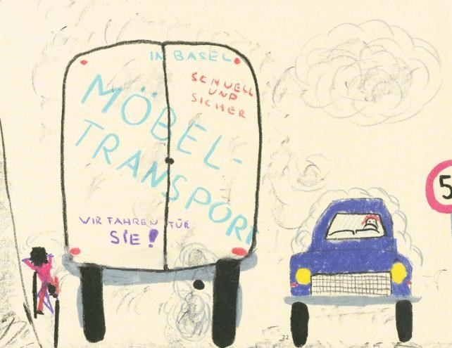 Schulweg - gemalt von Schüler, der mit dem Auto zur Schule gebracht wird